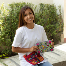 Load image into Gallery viewer, Embroidered Floral Alpaca Clutch in Warm Olive from Peru - Floral Flourish | NOVICA