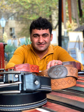 Load image into Gallery viewer, Antiqued Finished Metal and Red Leather Belt from Armenia - Fiery Cores | NOVICA