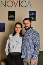 Load image into Gallery viewer, Navy Suede Card Holder Accented with an Armenian Bird Letter - Days of Enchantment | NOVICA