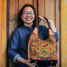 Load image into Gallery viewer, Thai Cotton Patchwork Sling Bag with Leather Strap - Intermission in Green | NOVICA