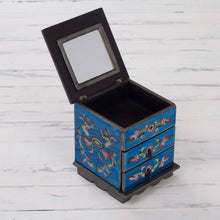 Load image into Gallery viewer, Reverse Painted Glass Jewelry Box Chest with Mirror - Celestial Blue | NOVICA