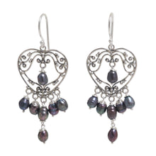 Load image into Gallery viewer, Sterling Silver Pearl Heart Shaped Earrings - Heart Symphony in Black | NOVICA