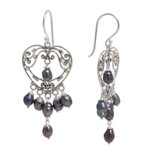 Load image into Gallery viewer, Sterling Silver Pearl Heart Shaped Earrings - Heart Symphony in Black | NOVICA