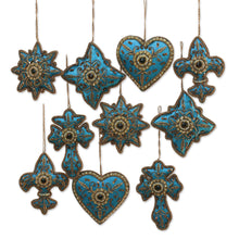 Load image into Gallery viewer, Teal Hand Crafted Beaded Ornaments from India (Set of 10) - Teal Joy | NOVICA