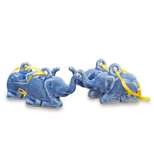 Load image into Gallery viewer, Celadon ceramic ornaments (Set of 4) - Blue Holiday Elephants | NOVICA