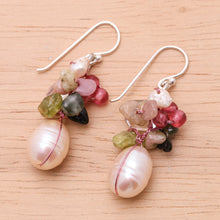 Load image into Gallery viewer, Pearl and peridot cluster earrings - Rosy Dawn | NOVICA