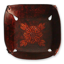 Load image into Gallery viewer, Leather Catchall in Brown Leather with a Floral Motif - Sunflower Magic | NOVICA