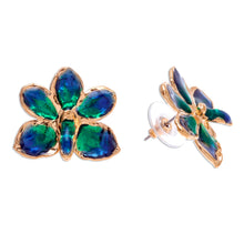 Load image into Gallery viewer, Natural orchid gold-plated flower earrings - Aqua Perfection | NOVICA