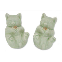 Load image into Gallery viewer, Celadon Ceramic Cat Statuettes (Pair) - Playful Kitties | NOVICA