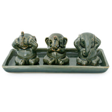 Load image into Gallery viewer, Unique Celadon Ceramic Figurines (Set of 3) - Elephant Lessons | NOVICA