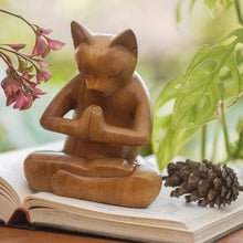 Load image into Gallery viewer, Carved Suar Wood Sculpture - Mindful Cat | NOVICA