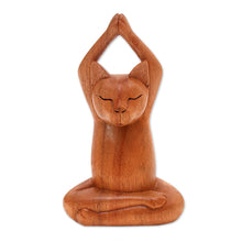Load image into Gallery viewer, Hand Crafted Wood Sculpture from Indonesia - Toward the Sky Brown Yoga Cat | NOVICA