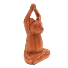 Load image into Gallery viewer, Hand Crafted Wood Sculpture from Indonesia - Toward the Sky Brown Yoga Cat | NOVICA