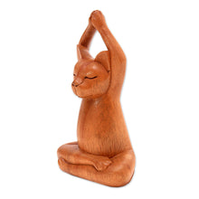 Load image into Gallery viewer, Hand Crafted Wood Sculpture from Indonesia - Toward the Sky Brown Yoga Cat | NOVICA