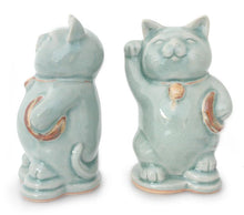 Load image into Gallery viewer, Celadon Ceramic Sculptures (Pair) - Charming Good Luck Cats | NOVICA