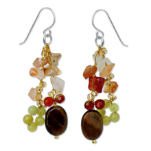 Load image into Gallery viewer, Hand Crafted Tiger's Eye and Quartz Cluster Earrings - Thai Autumn | NOVICA