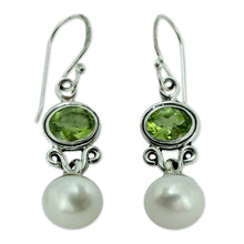 Load image into Gallery viewer, Sterling Silver Jewelry Pearl and Peridot Earrings - Verdant Light | NOVICA
