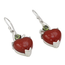 Load image into Gallery viewer, Heart Jewelry Earrings with Red Onyx and Peridot - A Sigh of Romance | NOVICA