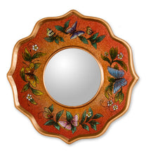 Load image into Gallery viewer, Collectible Reverse Painted Glass Butterfly Wall Mirror - Carnelian Butterfly Sky | NOVICA