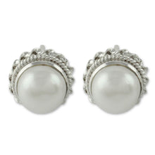 Load image into Gallery viewer, Cultured Pearl Earrings in Sterling Silver from India - Blossoming Purity | NOVICA
