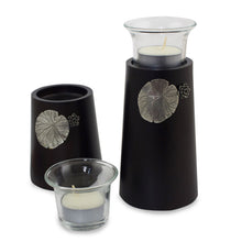 Load image into Gallery viewer, Wood and pewter candleholders (Pair) - Lotus Light | NOVICA