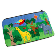 Load image into Gallery viewer, Cotton Applique Folk Art Cosmetic Bag - Jungle Friends | NOVICA