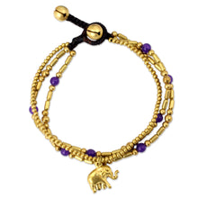 Load image into Gallery viewer, Brass Bracelet Purple-color Gems Beaded Jewelry - Purple Elephant Charm | NOVICA
