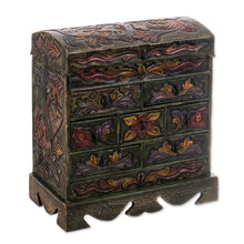 Load image into Gallery viewer, Bird Motif Green Leather Jewelry Box Chest 8 Drawers - Exotic Birds | NOVICA