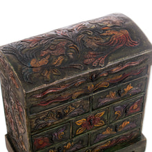 Load image into Gallery viewer, Bird Motif Green Leather Jewelry Box Chest 8 Drawers - Exotic Birds | NOVICA
