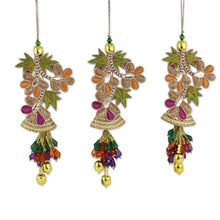 Load image into Gallery viewer, Embroidered Beaded Ornaments from India (set of 3) - Bells and Mistletoe | NOVICA