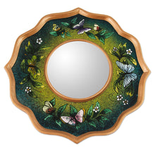 Load image into Gallery viewer, Blue and Green Reverse Painted Glass Butterfly Mirror - Turquoise Butterfly Sky | NOVICA