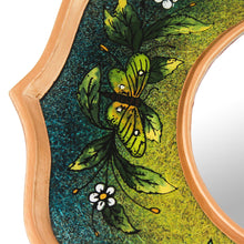 Load image into Gallery viewer, Blue and Green Reverse Painted Glass Butterfly Mirror - Turquoise Butterfly Sky | NOVICA
