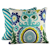 Load image into Gallery viewer, Two Embroidered Cushion Covers in Aqua Tones from India - Aqua Fusion | NOVICA