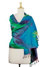 Load image into Gallery viewer, Tie Dye Blue and Green Varanasi Silk Shawl - Cool Color Fusion | NOVICA