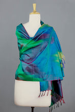 Load image into Gallery viewer, Tie Dye Blue and Green Varanasi Silk Shawl - Cool Color Fusion | NOVICA