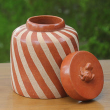Load image into Gallery viewer, Handcrafted Ecthed Ceramic Lidded Jar from Indonesia - Lucky Frog in Brown | NOVICA