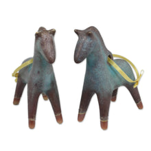 Load image into Gallery viewer, Antiqued Celadon Ceramic Christmas Ornaments (Pair) - Horses of Winter | NOVICA