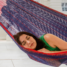 Load image into Gallery viewer, Blue Cotton Maya Hammock with Red Trim from Mexico - Puerto Vallarta | NOVICA