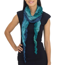 Load image into Gallery viewer, Teal Ombre Crinkled All-Silk Scarf from Thailand - Summer Rain | NOVICA
