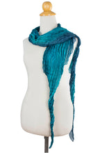 Load image into Gallery viewer, Teal Ombre Crinkled All-Silk Scarf from Thailand - Summer Rain | NOVICA
