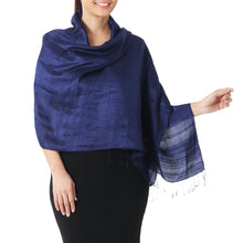 Load image into Gallery viewer, Deep Blue Handwoven Raw Silk Shawl from Thailand - Shimmering Indigo | NOVICA