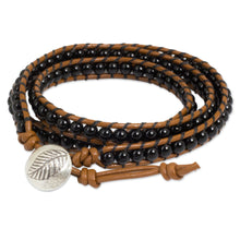 Load image into Gallery viewer, Hill Tribe Silver and Onyx on Handmade Leather Wrap Bracelet - Leaf Fossil | NOVICA