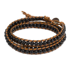 Load image into Gallery viewer, Hill Tribe Silver and Onyx on Handmade Leather Wrap Bracelet - Leaf Fossil | NOVICA