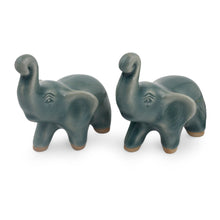 Load image into Gallery viewer, 2 Blue Celadon Ceramic Handcrafted Lucky Elephant Figurines - Lucky Blue Elephants | NOVICA