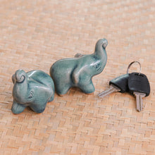 Load image into Gallery viewer, 2 Blue Celadon Ceramic Handcrafted Lucky Elephant Figurines - Lucky Blue Elephants | NOVICA