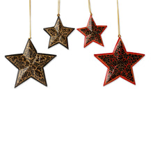 Load image into Gallery viewer, Hand Painted Black Wood Star Christmas Ornaments (Set of 4) - Midnight Blossoms | NOVICA