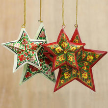 Load image into Gallery viewer, Red and Yellow Floral Star Ornaments from India (Set of 4) - Holiday Bouquet | NOVICA