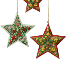 Load image into Gallery viewer, Red and Yellow Floral Star Ornaments from India (Set of 4) - Holiday Bouquet | NOVICA