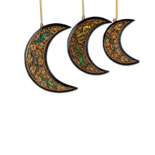 Load image into Gallery viewer, Wood Moon Christmas Ornaments with Bird Design (set of 3) - Moon Birds | NOVICA