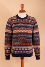 Load image into Gallery viewer, Multicolor Alpaca Men's Sweater with Blue Trim from Peru - Colca Melange | NOVICA